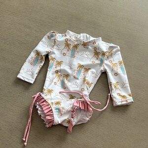 Kids Long-Sleeve One-Piece Swimsuit in White & Pink